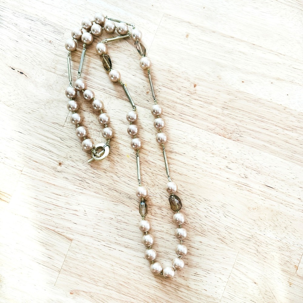 Vintage Champagne Faux Pearl Necklace 36" Knotted Gold Tone Clasp‎ Long Strand